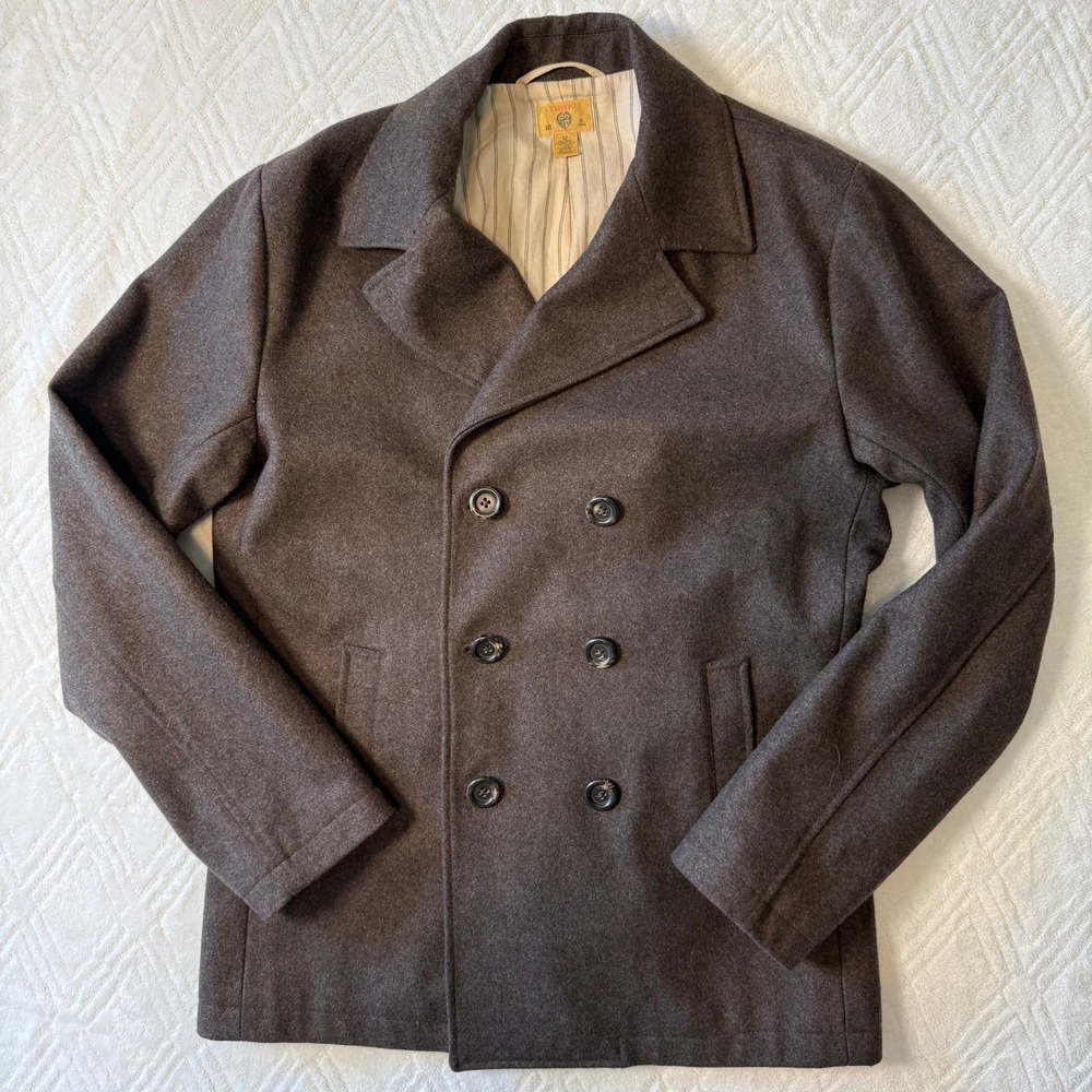 Heritage Preppy Trevero Recycled Wool Peacoat Brown Double Breasted Coat M